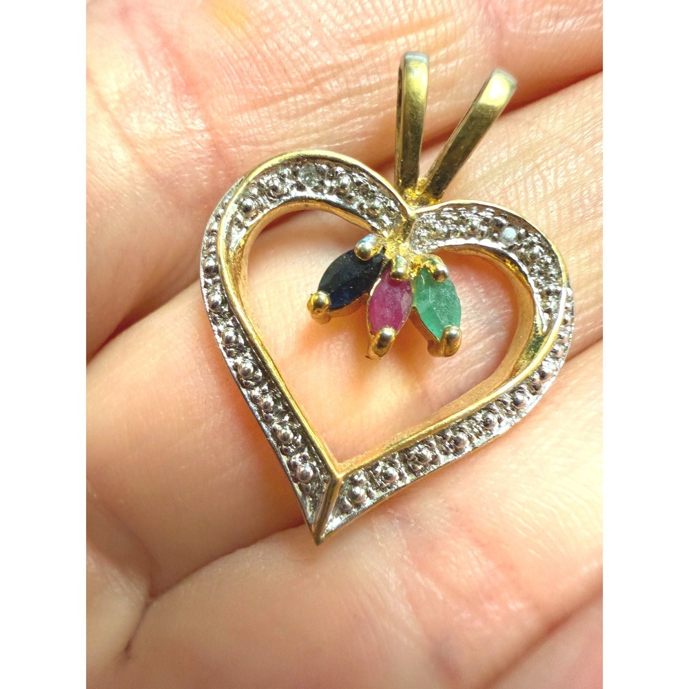 Gold Over 925 Sterling Silver Heart Pendant Emerald Ruby Sapphire Marquise